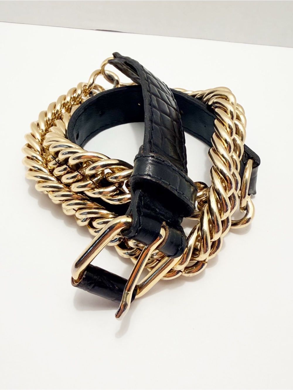 Axcess Black Leather Strap with Gold Chain Accent Made in Italy